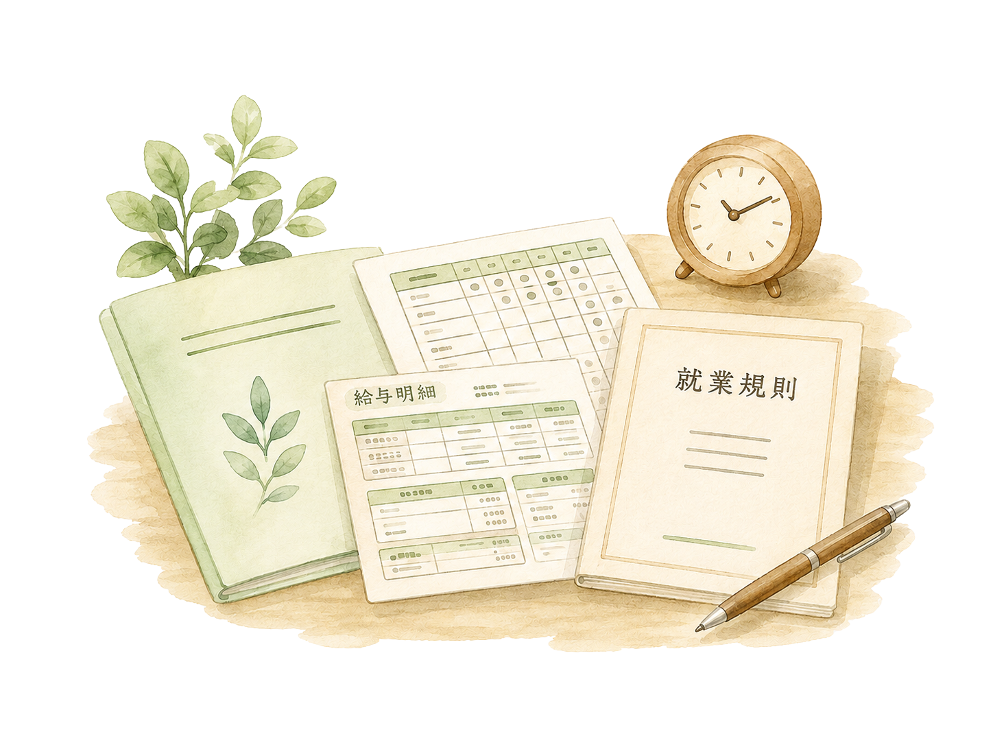 書類・勤怠表・給与明細・時計・ペンが置かれた机まわりのイラスト
