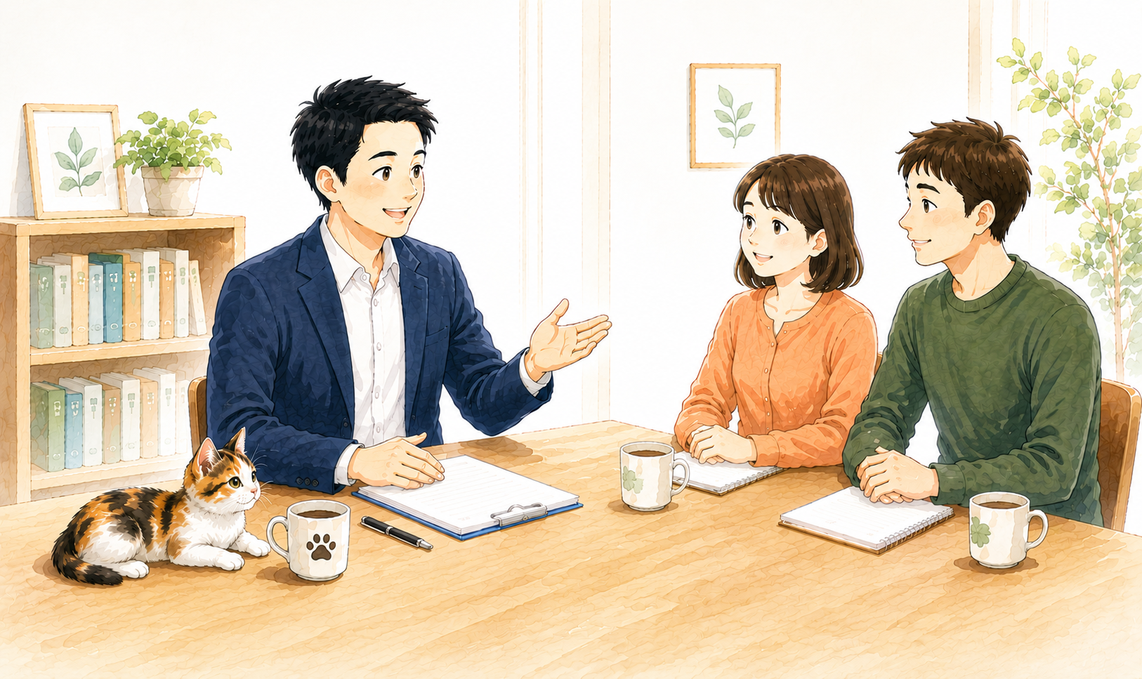 相談を受ける社会保険労務士と相談者、机の上でくつろぐ三毛猫のイラスト