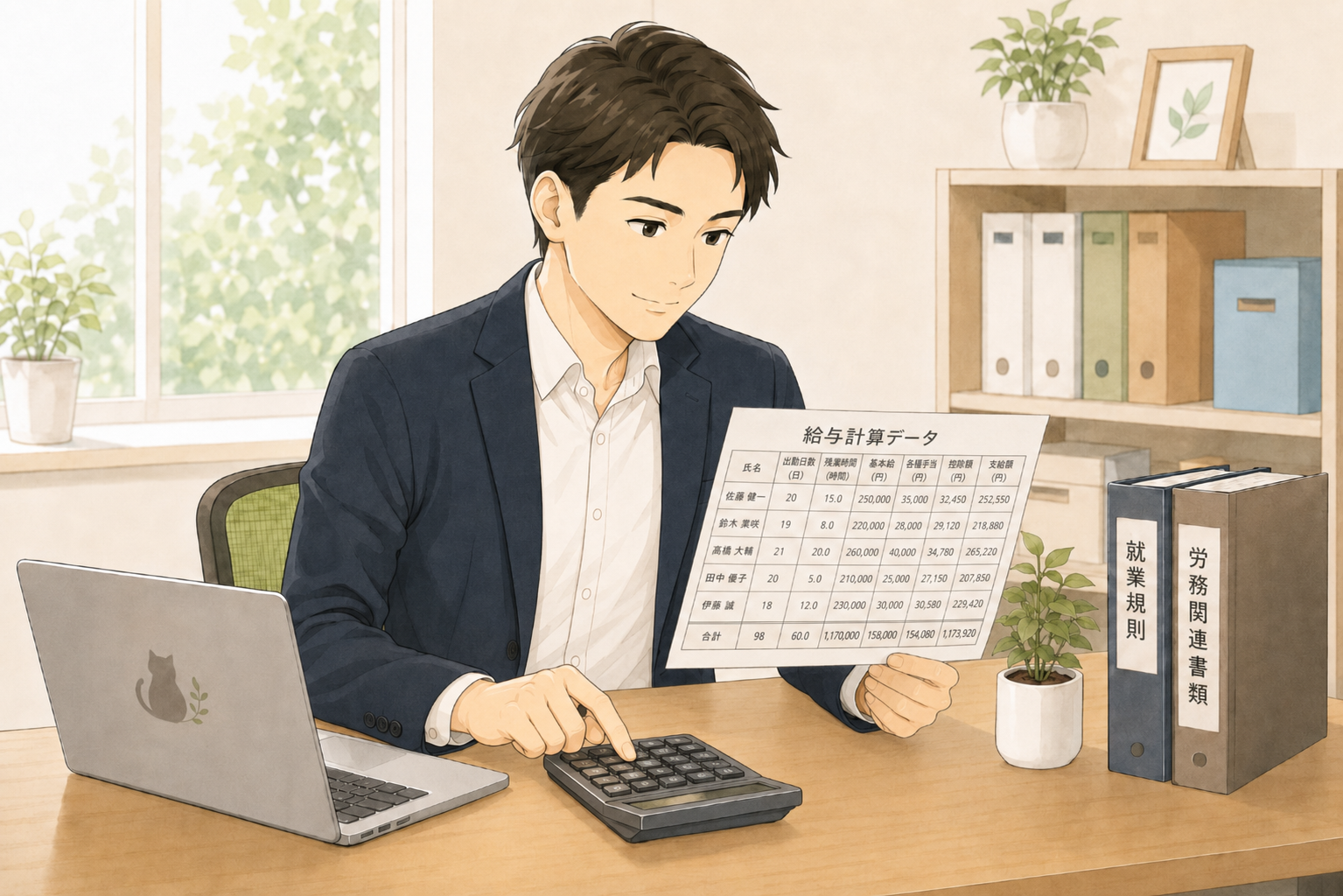 給与計算の内容を一緒に確認する社会保険労務士と担当者のイラスト