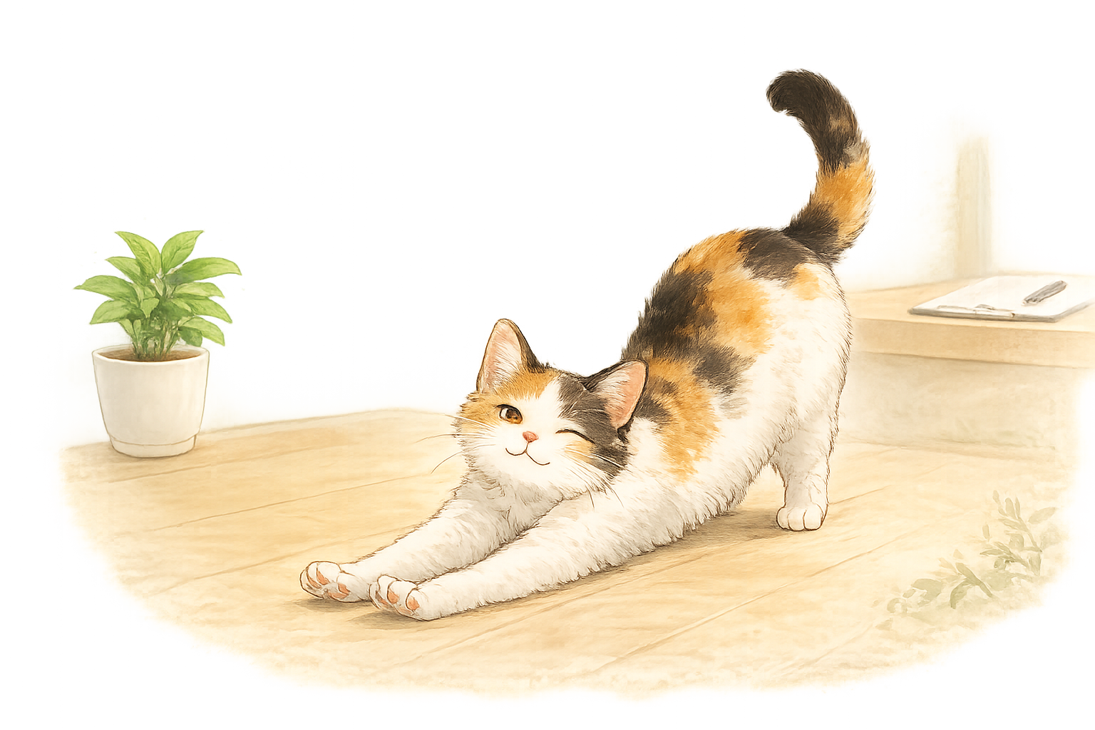 穏やかに横になる三毛猫のイラスト