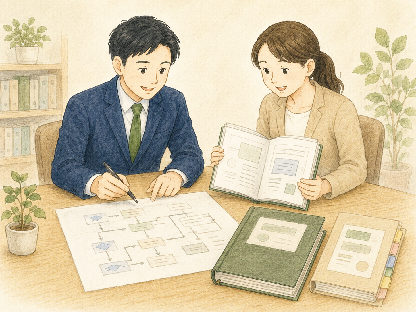 会社専用マニュアルと業務フローを一緒に整える社会保険労務士と担当者のイラスト
